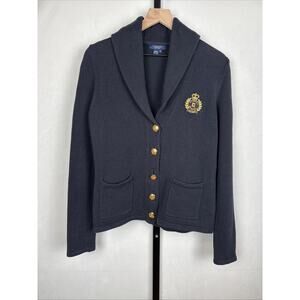 Chaps Shawl Collar Nautical Crest Cardigan Sweater Medium Gold Button Academia